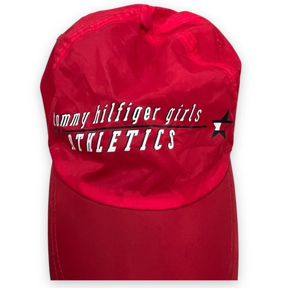 VTG Tommy Hilfiger Girls Athletics Nylon Hat‎ Cap Red Cinch Y2K Adjustable 90s